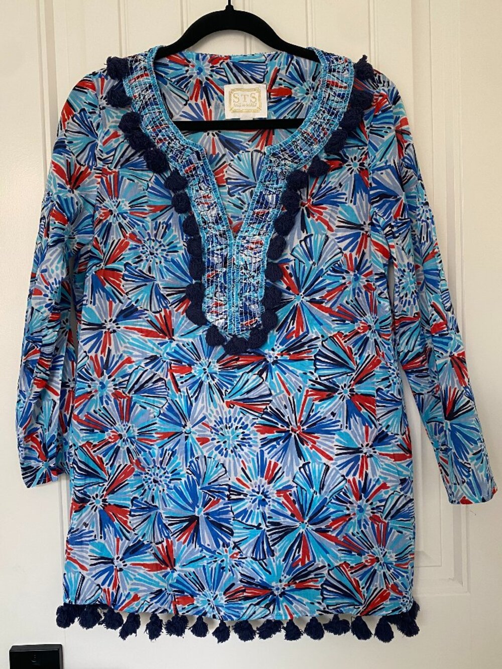 Sail to Sable Tuckernuck | Firework Red Blue Pom Pom Tunic Cover Up